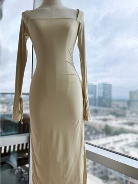 chinese dress ladies Square Neck Long Sleeve Midi Dress in Ivory - 4 main image 0